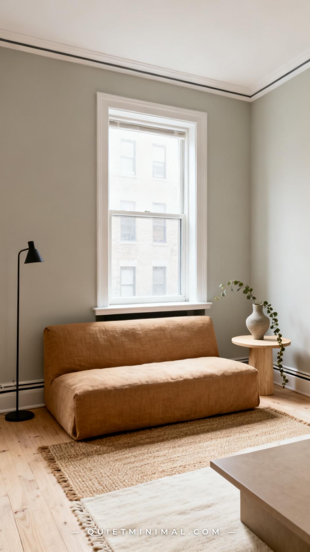 A medium-wide vertical photograph of a small apartment living room showing a full low-profile linen sofa in warm oatmeal