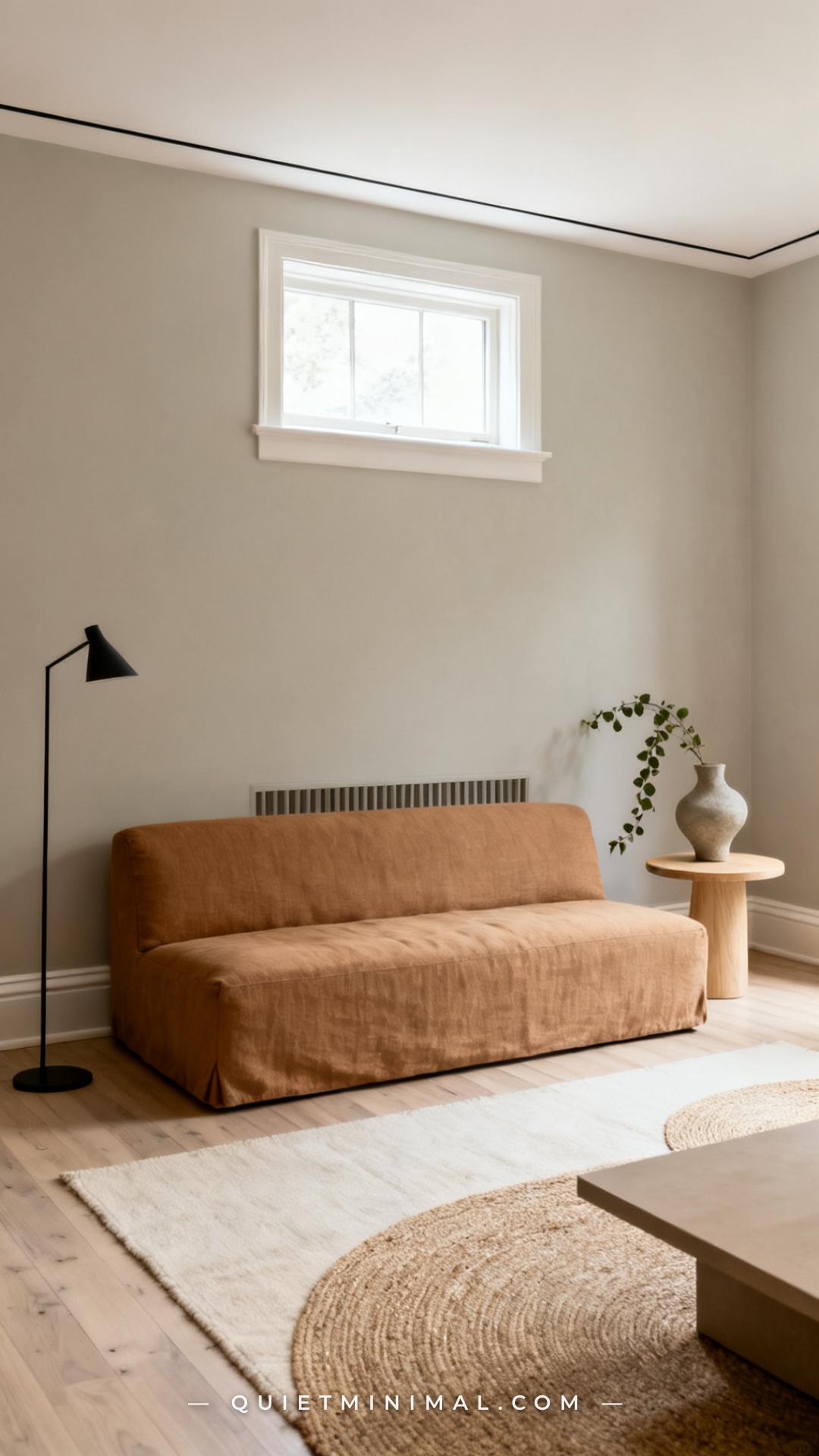 A medium-wide vertical photograph of a small apartment living room showing a full low-profile linen sofa in warm oatmeal