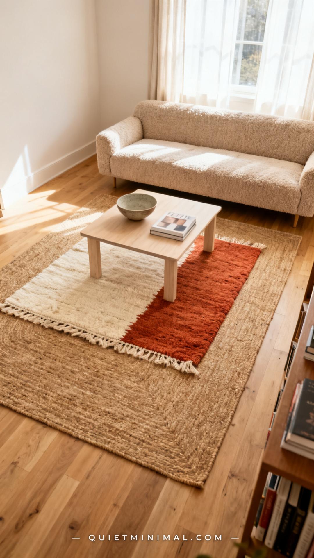 A wide-angle vertical photograph looks down the length of a small apartment living room showing two layered rugs on ligh