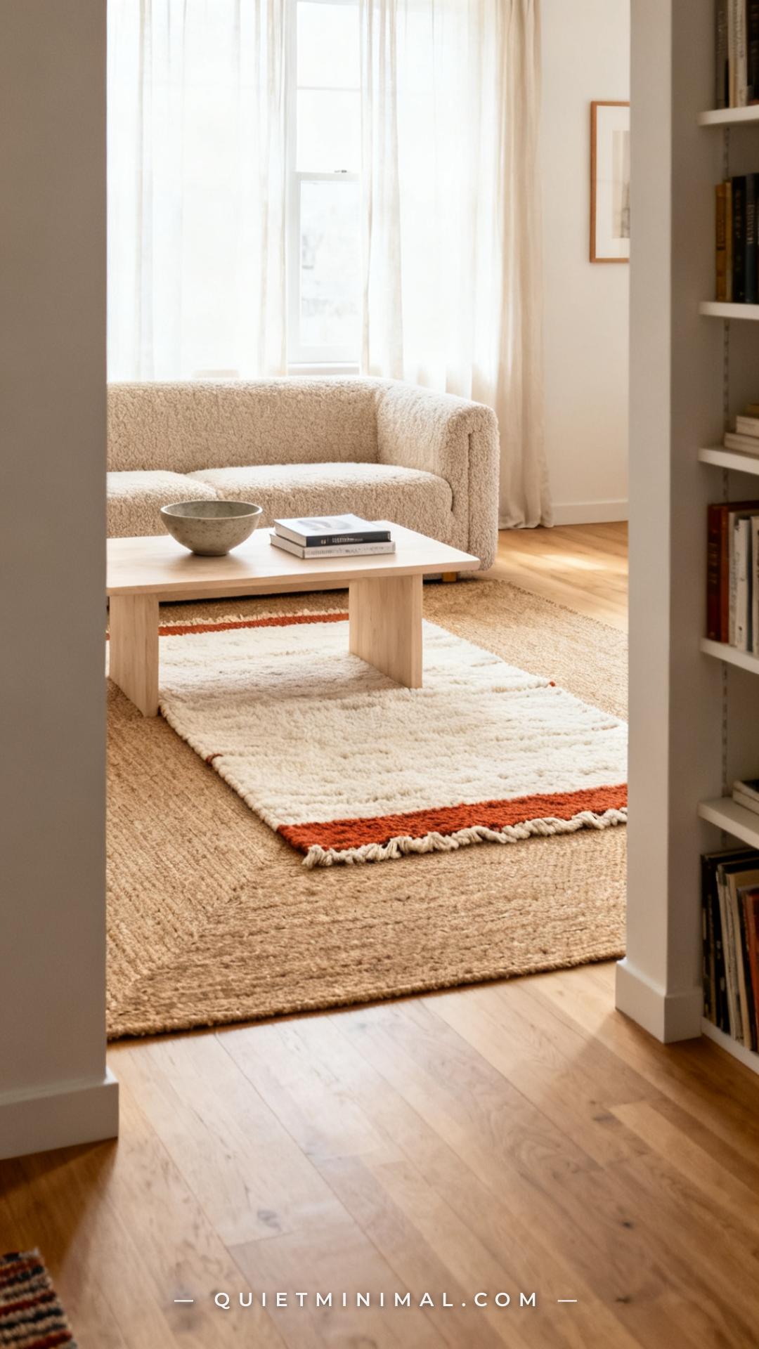 A wide-angle vertical photograph looks down the length of a small apartment living room showing two layered rugs on ligh