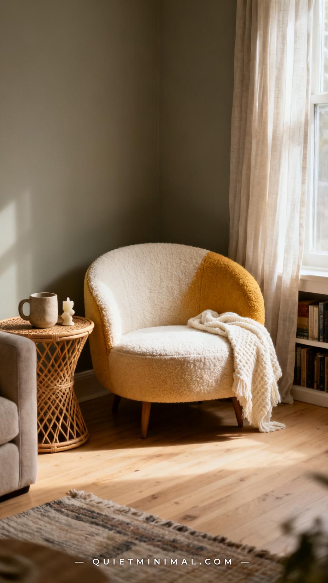 A vertical photograph captures the full corner of a small apartment living room featuring a rounded boucle accent chair