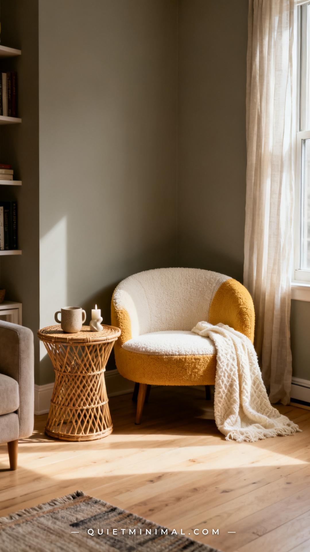 A vertical photograph captures the full corner of a small apartment living room featuring a rounded boucle accent chair