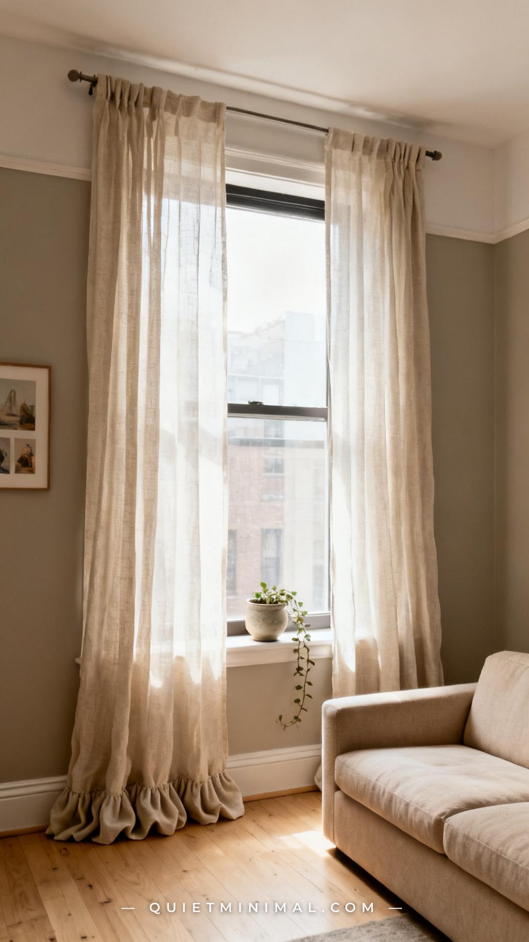 A wide vertical photograph shows the full window wall of a small apartment living room