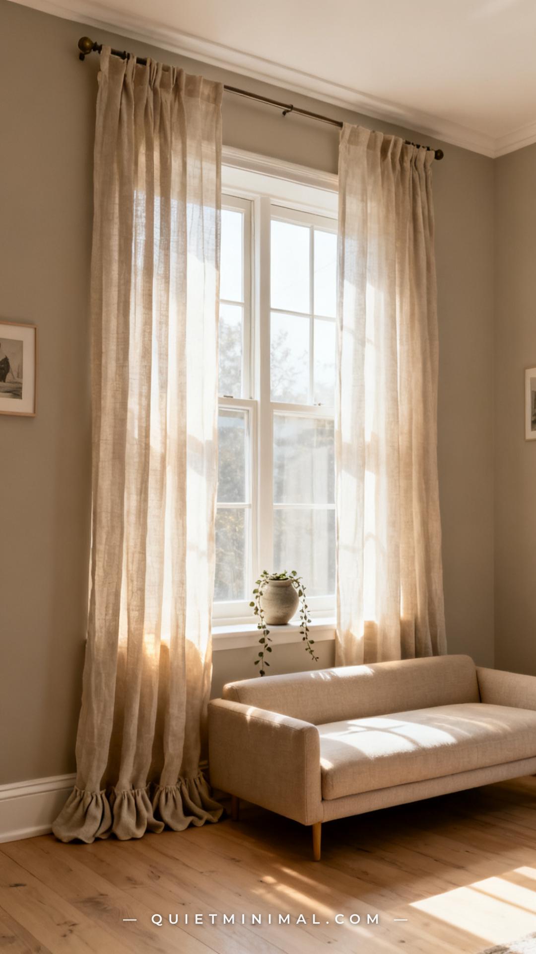 A wide vertical photograph shows the full window wall of a small apartment living room