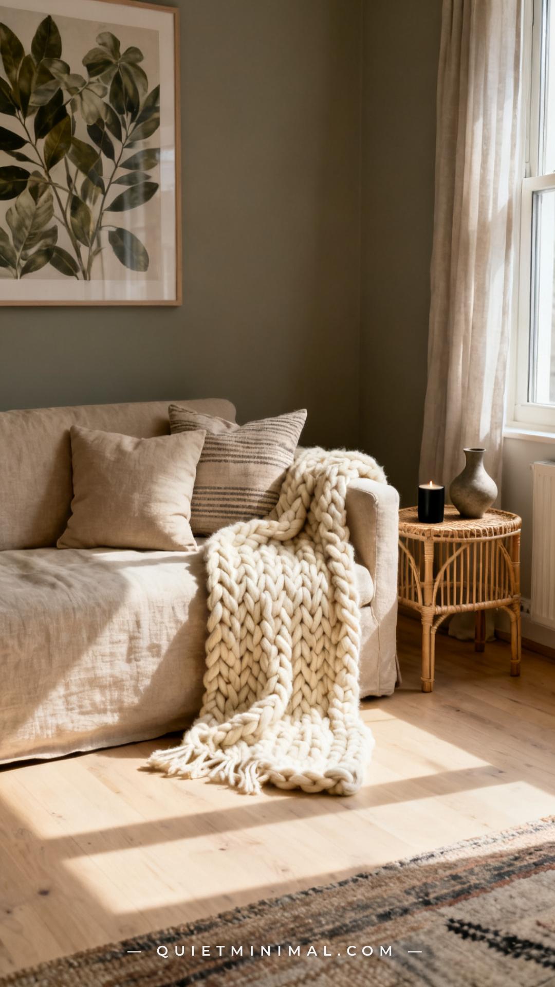 A medium-wide vertical photograph of a small apartment living room shows a low oatmeal linen sofa with a chunky hand-kni