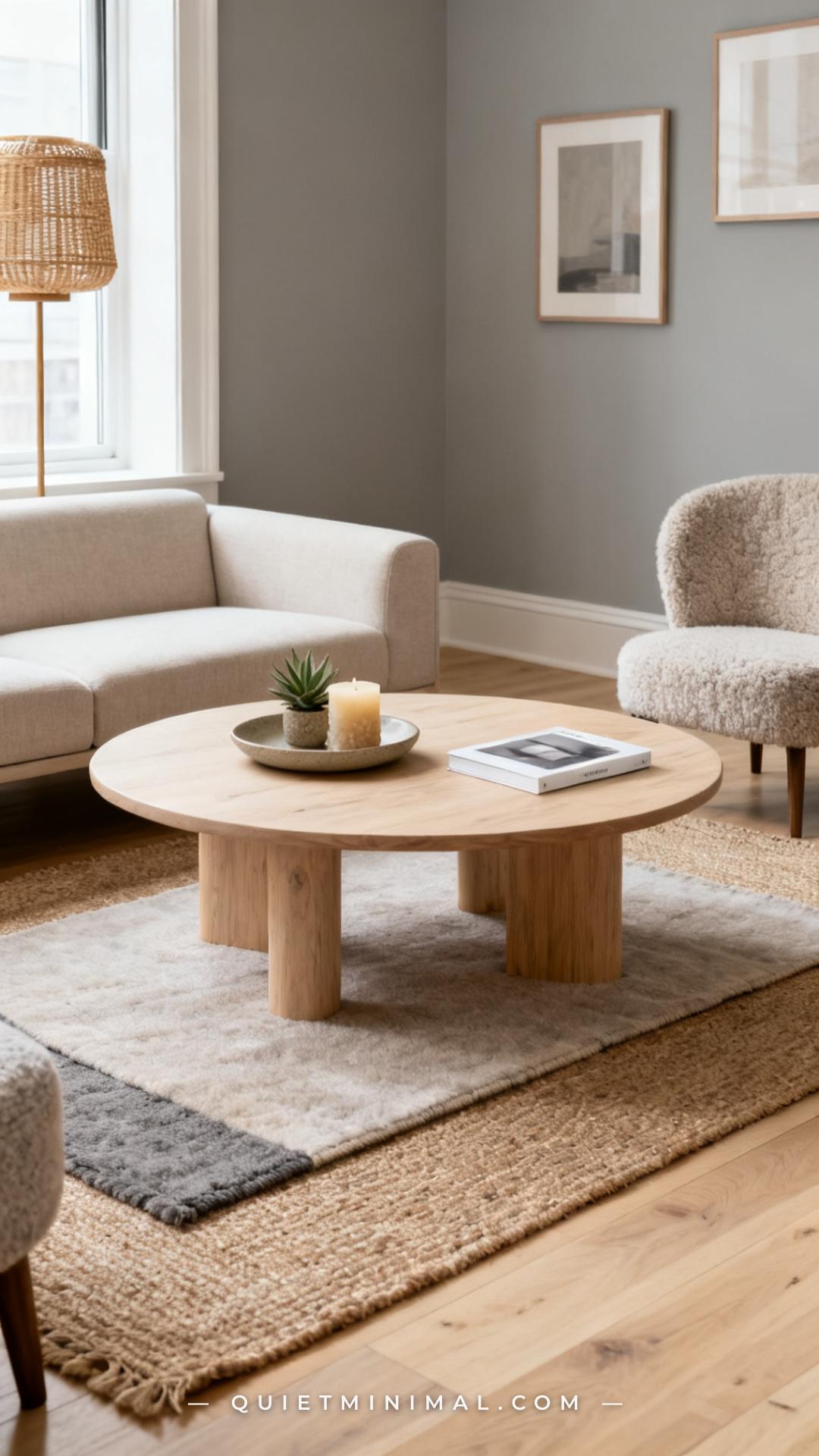 A vertical photograph shot from standing height shows a full small apartment living room seating area centered on a roun