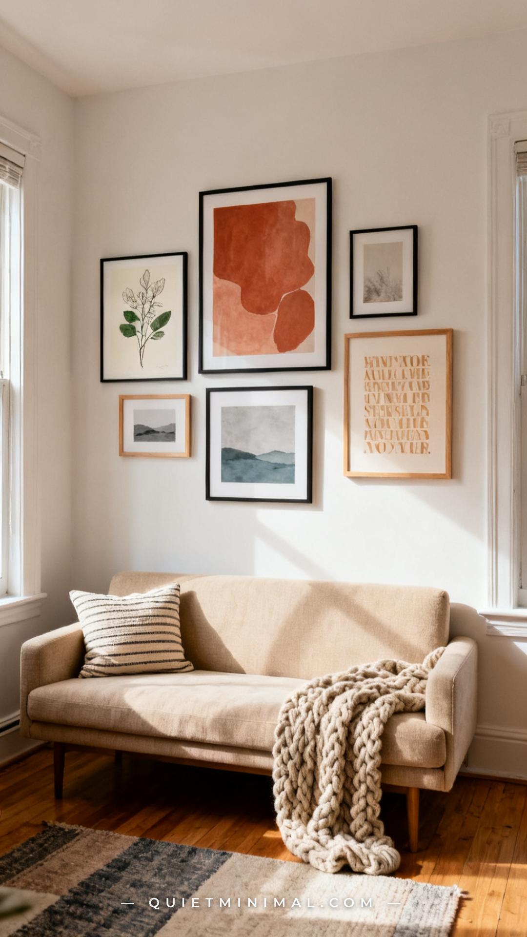 A wide vertical photograph captures the full gallery wall of a small apartment living room — seven framed pieces arrange