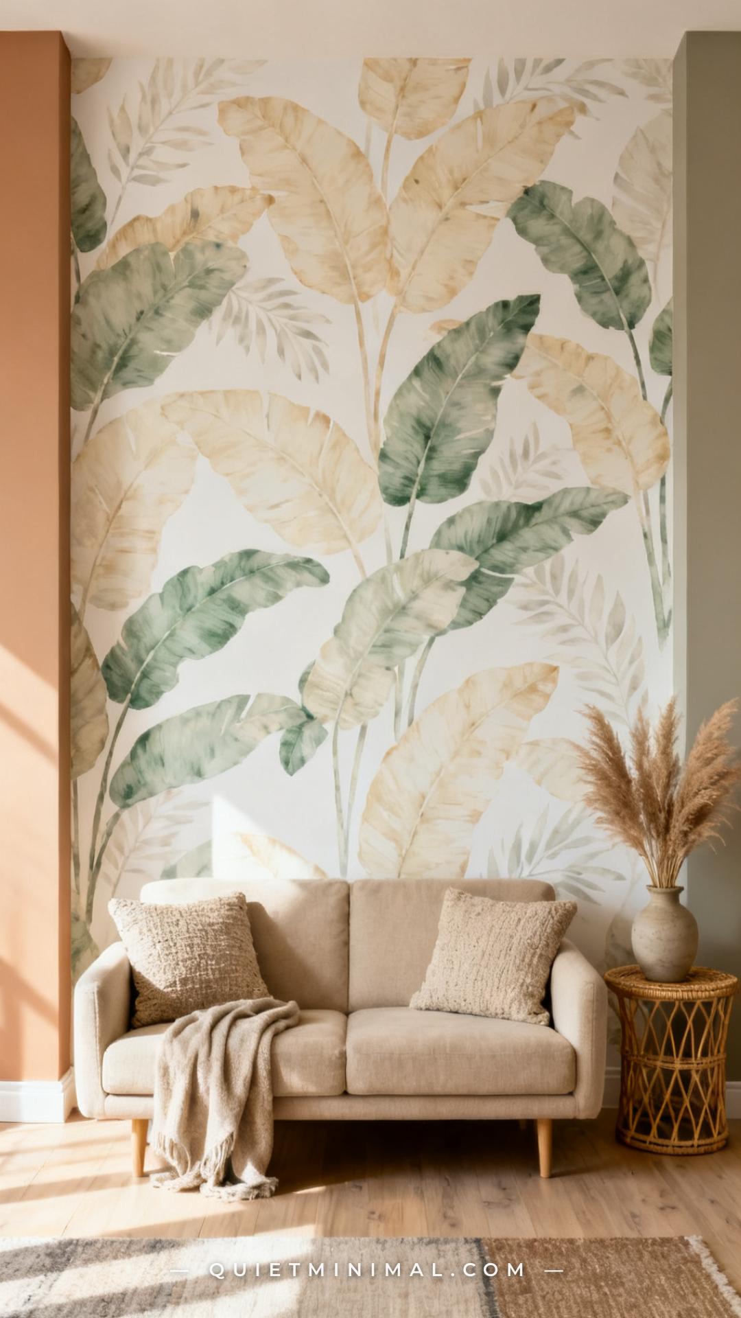 A vertical photograph captures the full accent wall of a small apartment living room featuring peel-and-stick wallpaper