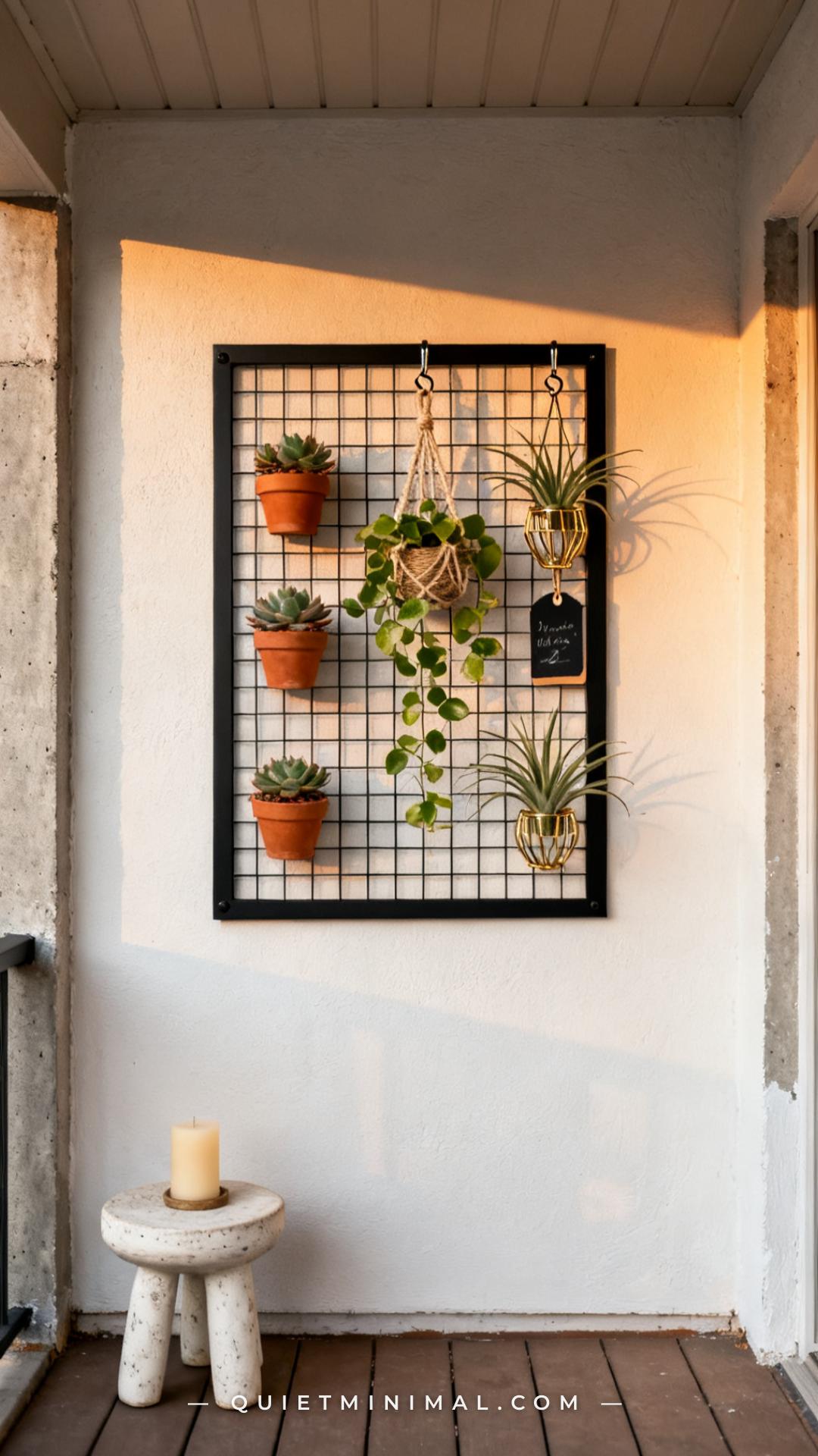 A vertical photograph captures the whole face of a black matte metal grid panel mounted flush against a warm white patio