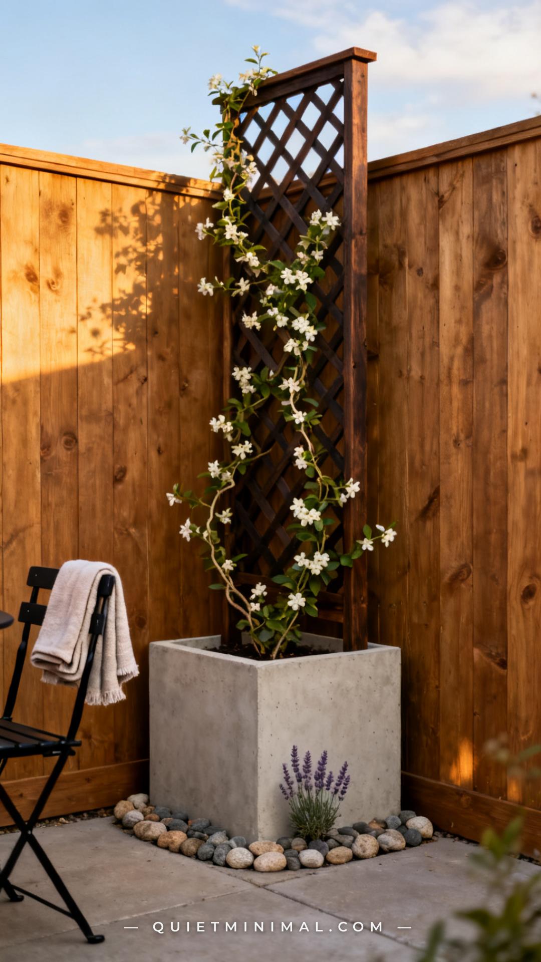 A vertical photograph captures the full height of a freestanding cedar trellis standing in the back corner of a small sq