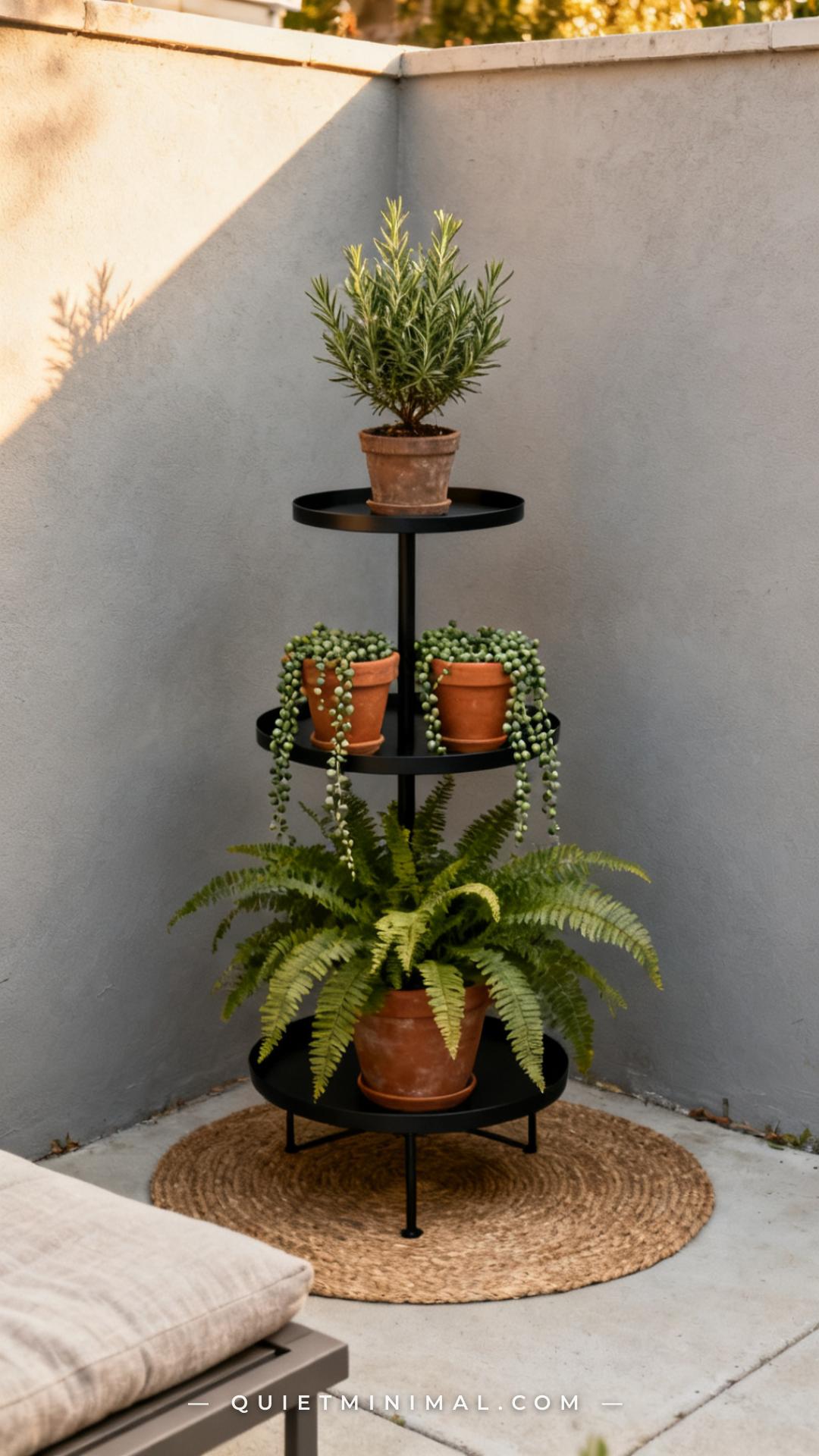 A vertical photograph captures a full tiered metal planter stand — three circular tiers in matte black — standing agains