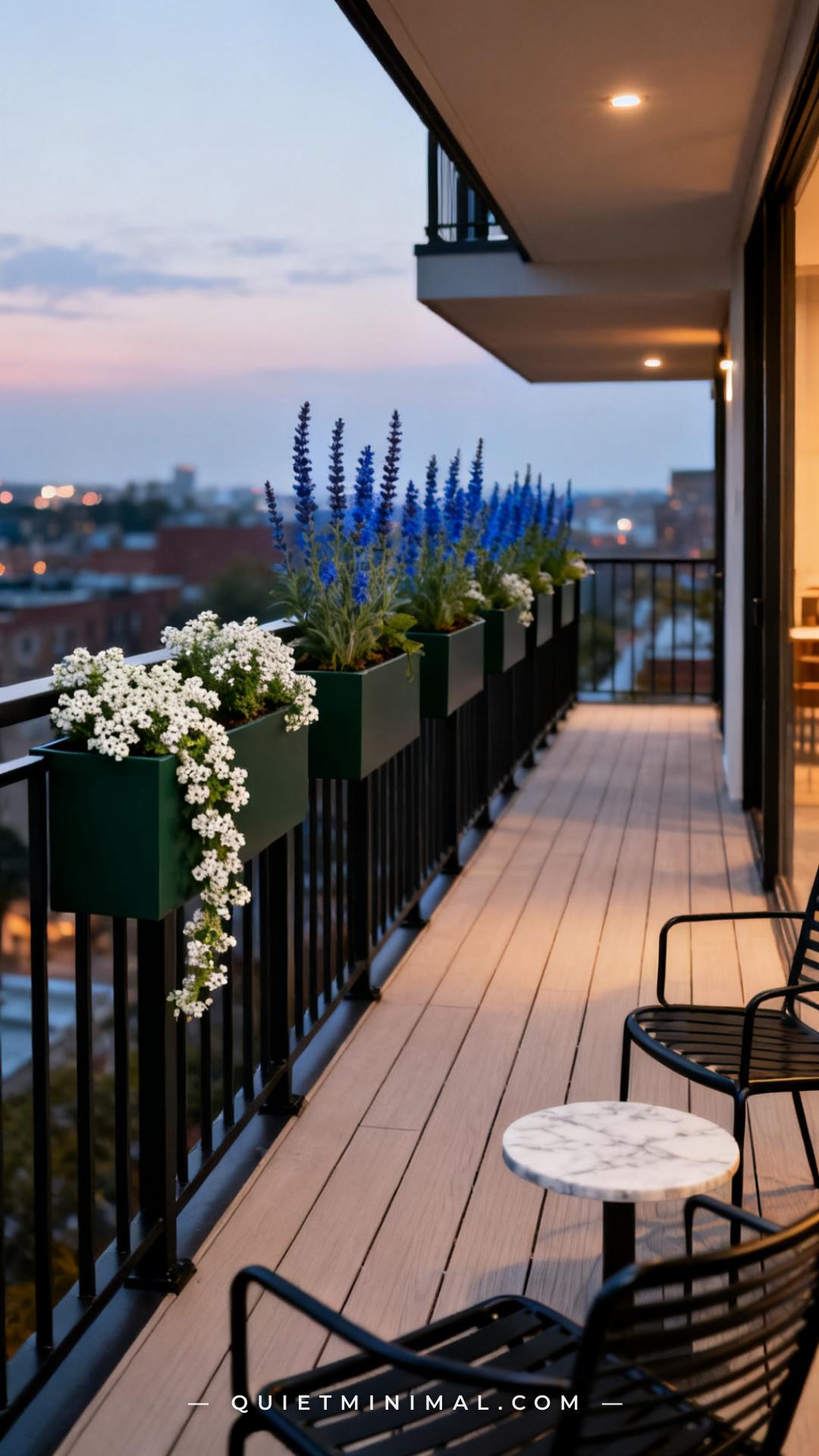A vertical photograph captures the full span of a second-story apartment balcony railing in powder-coated matte black st