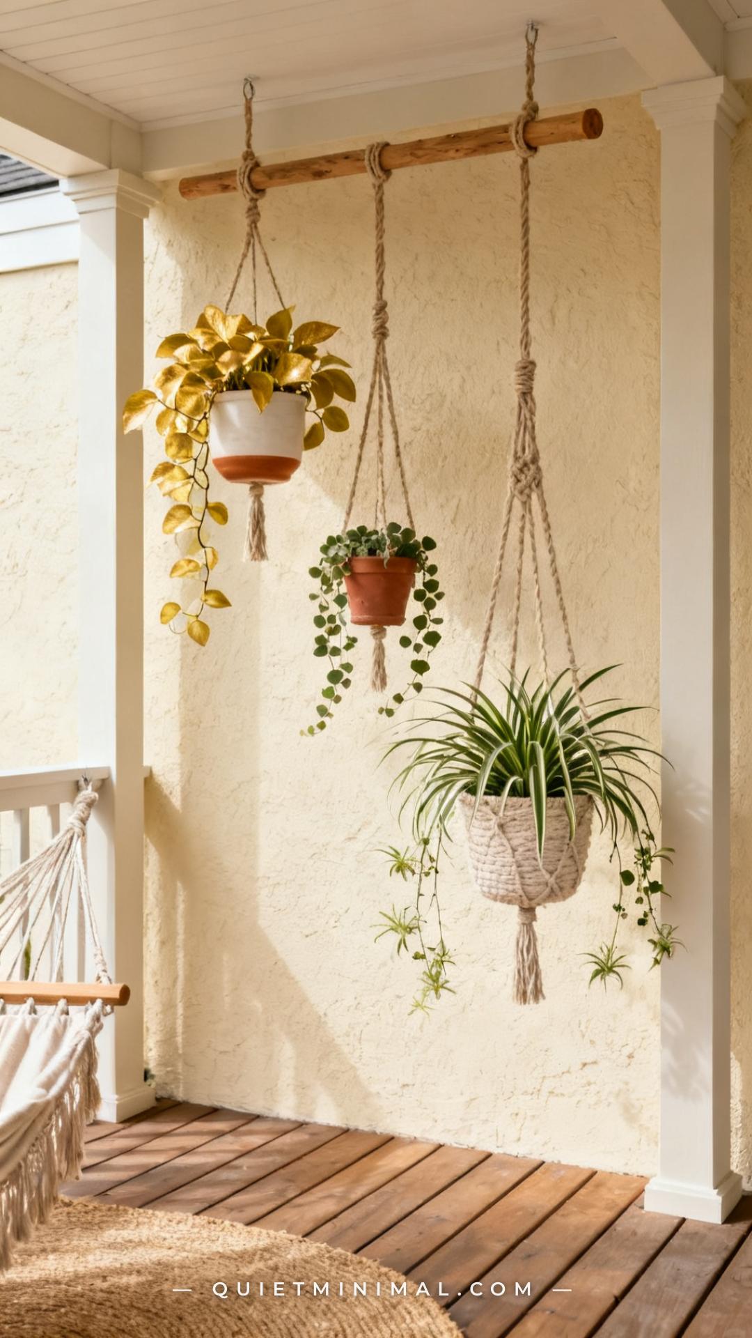 A vertical photograph captures the full depth of a small patio corner where three macramé plant hangers hang at varying