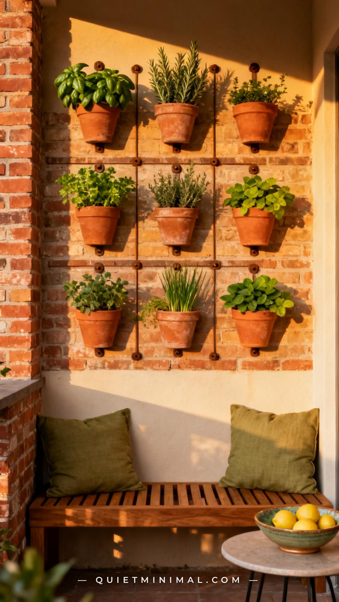 A vertical photograph captures the whole expanse of a small patio wall beside an outdoor dining nook