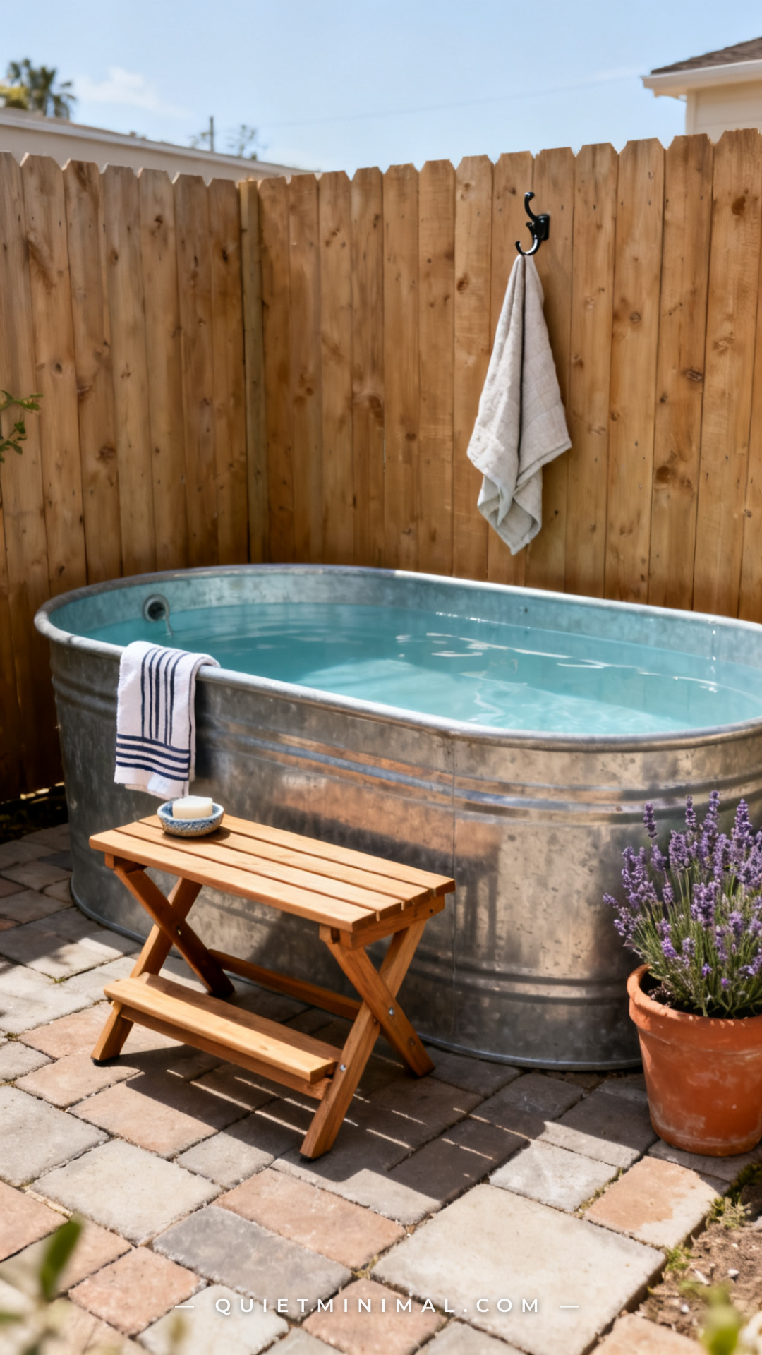 A vertical photograph captures a wide view of a compact backyard showing a galvanized stock tank pool centered on pavers