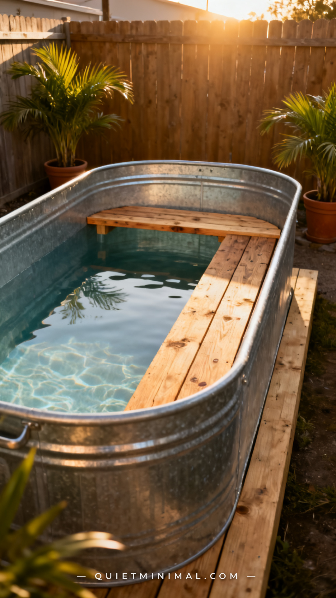 A vertical photograph captures a wide-angle view of a galvanized stock tank pool set on a low wood platform in a small b