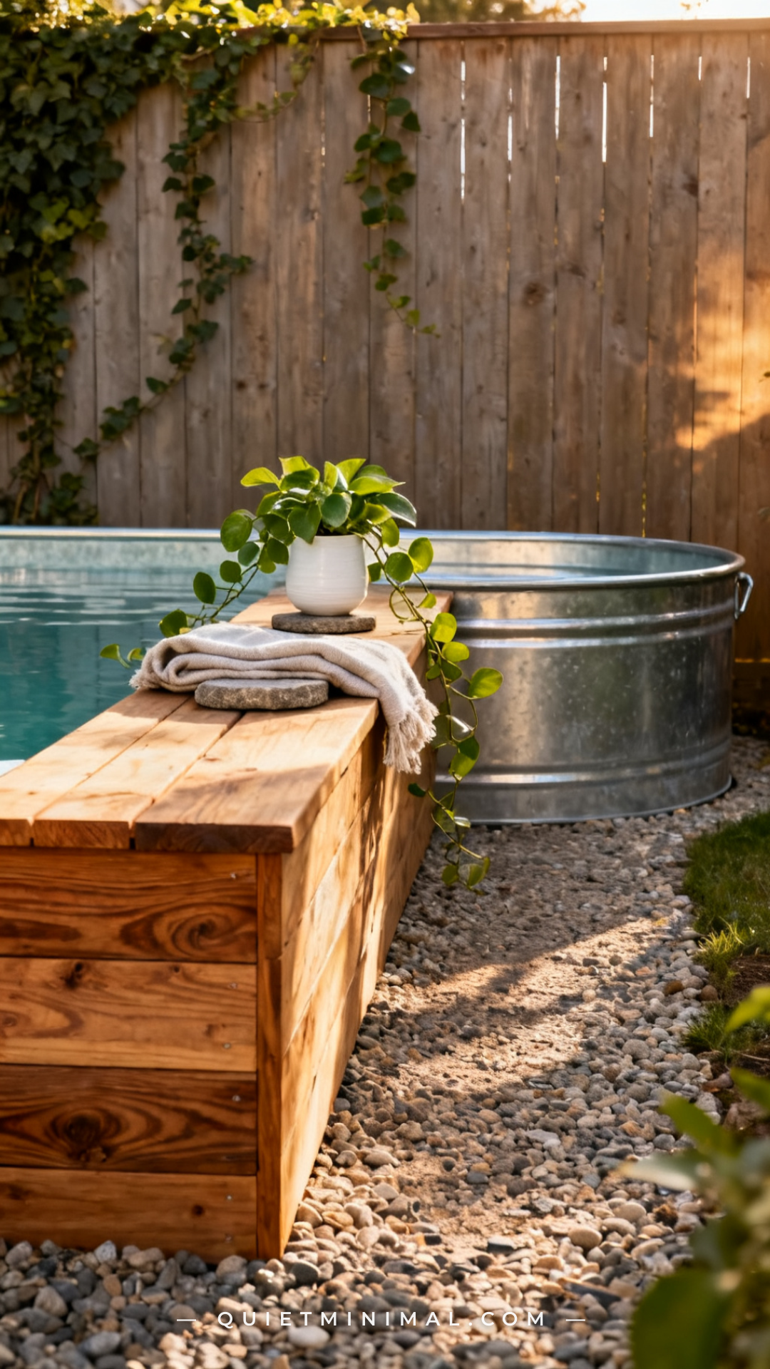 A vertical photograph captures a medium-wide view of a backyard corner featuring a galvanized stock tank pool alongside