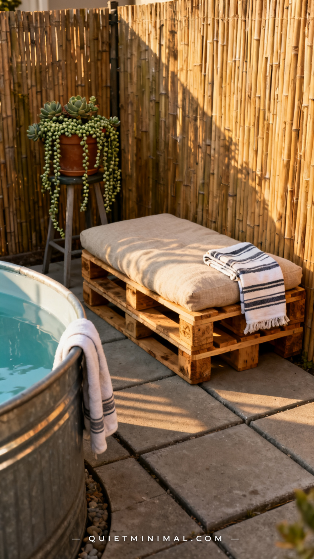A vertical photograph captures a wide establishing shot of a small backyard patio area showing a stock tank pool to the