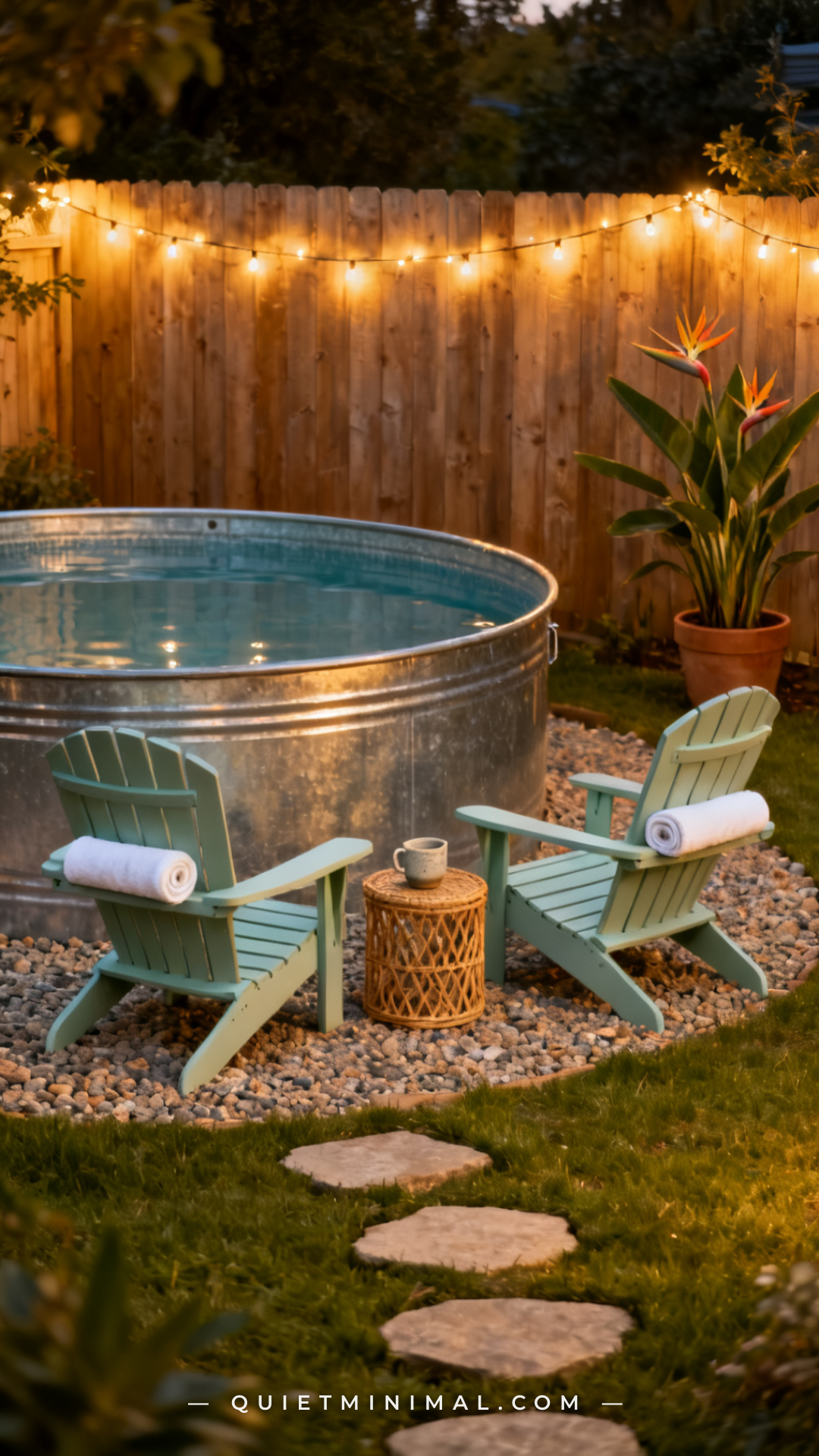 A vertical photograph captures a wide garden view of a small backyard featuring a galvanized round stock tank pool on a