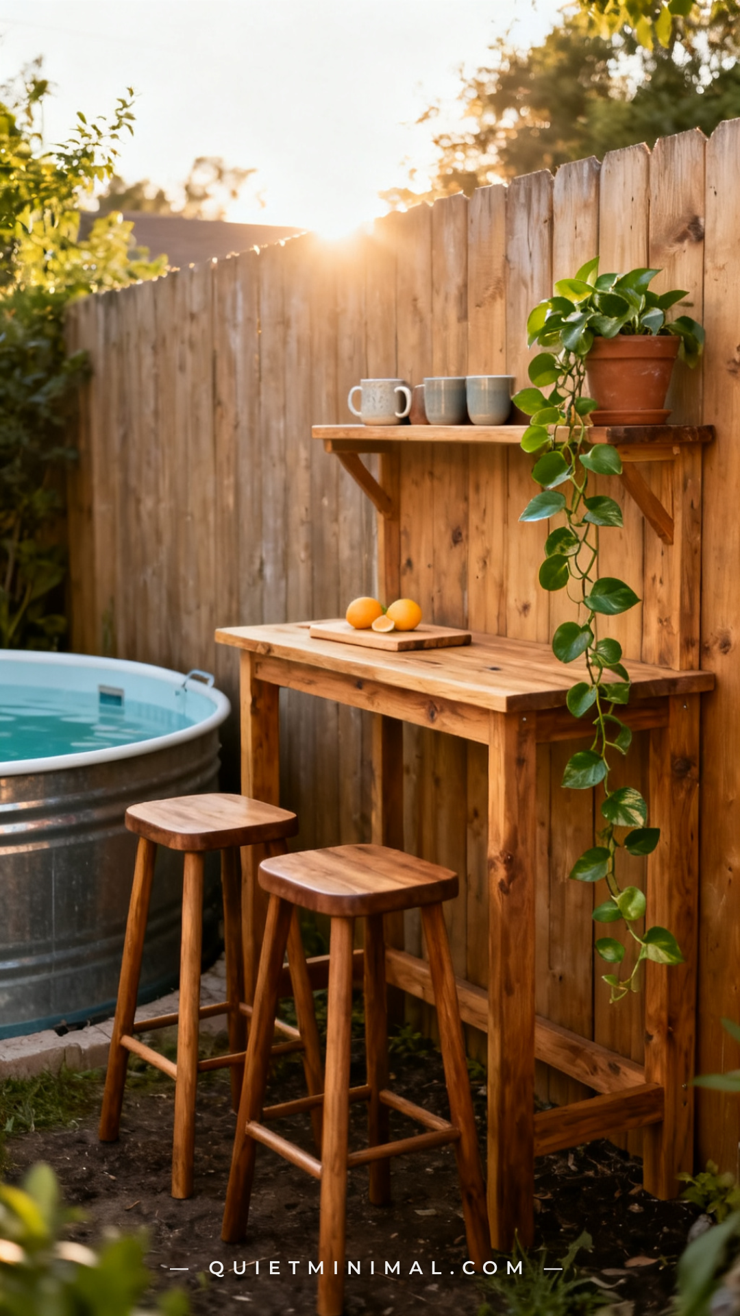 A vertical photograph captures a medium-wide view of a backyard corner featuring a stock tank pool to the left and a nat