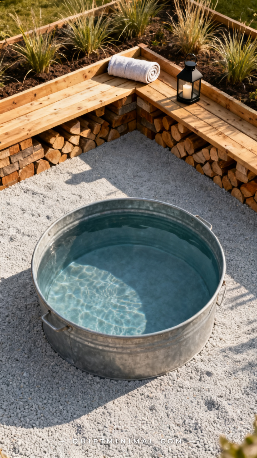A vertical photograph captures a wide overhead-adjacent view of a stock tank pool surrounded by a clean gravel pad edged