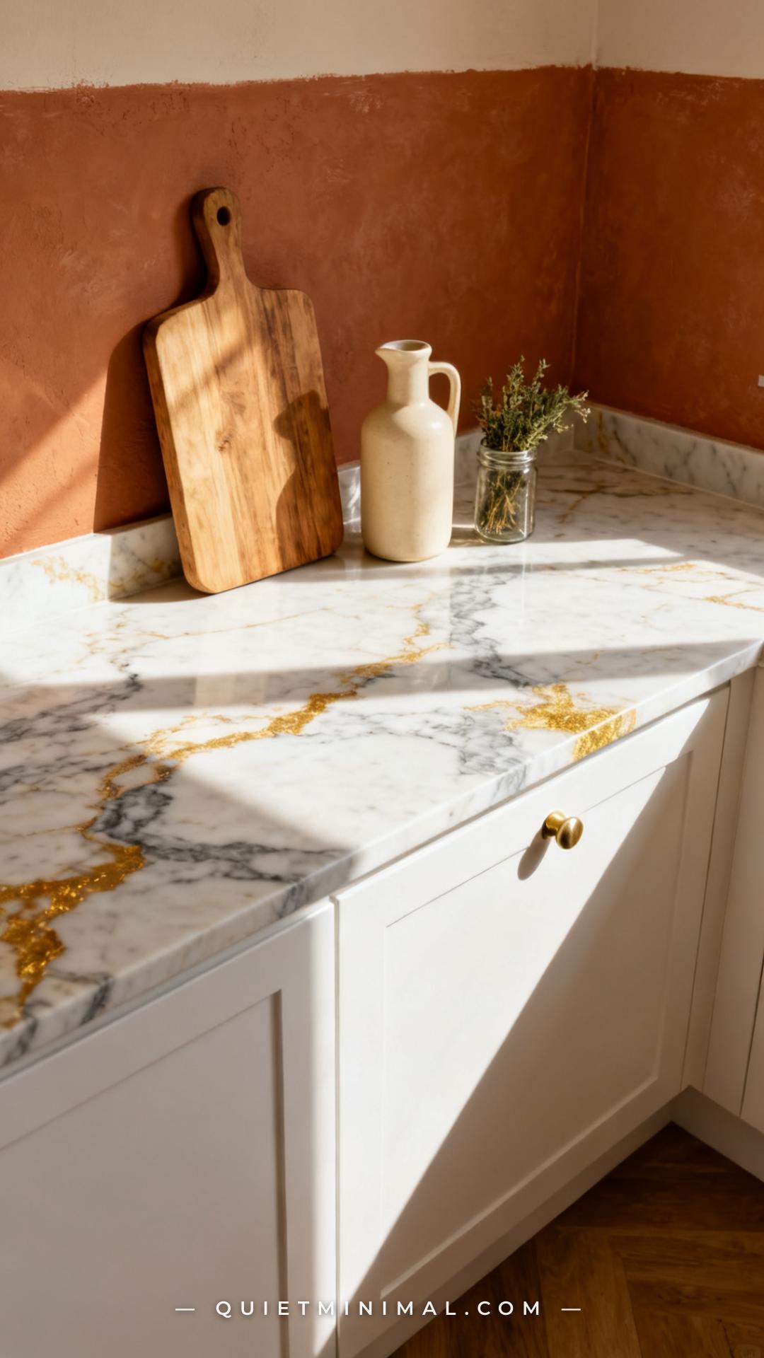 A medium-wide photograph of a kitchen counter section showing the full run from lower cabinet faces to the wall above