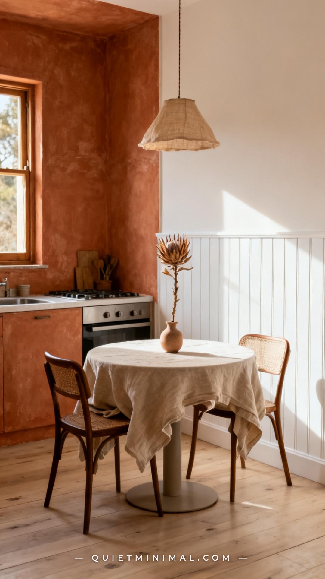 A medium-wide establishing shot of a kitchen dining nook adjacent to the terracotta-walled kitchen
