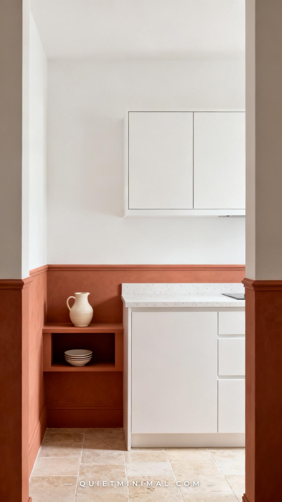 A vertical photograph captures a kitchen where the lower half of the wall is painted in warm terracotta and the upper ha