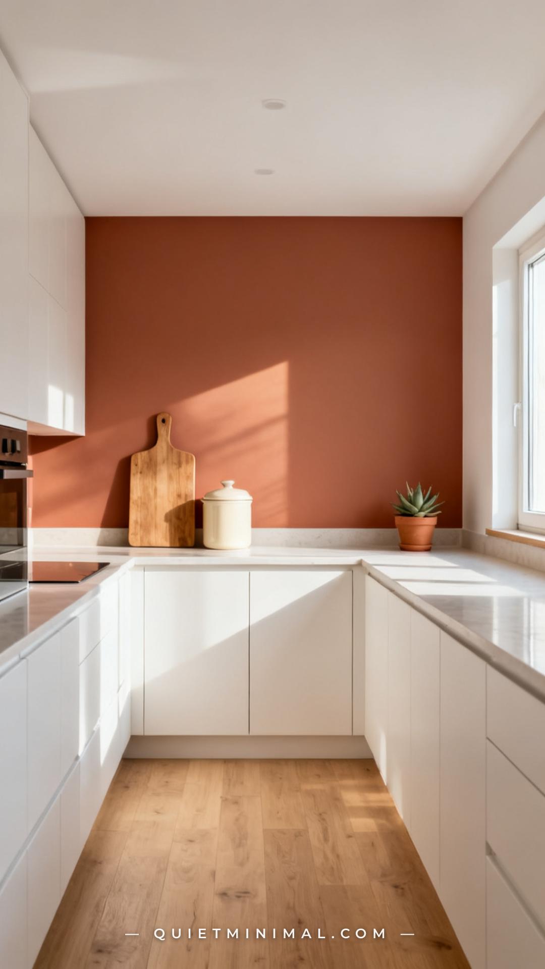 An establishing shot of a long kitchen counter run photographed from across the kitchen at a comfortable standing distan