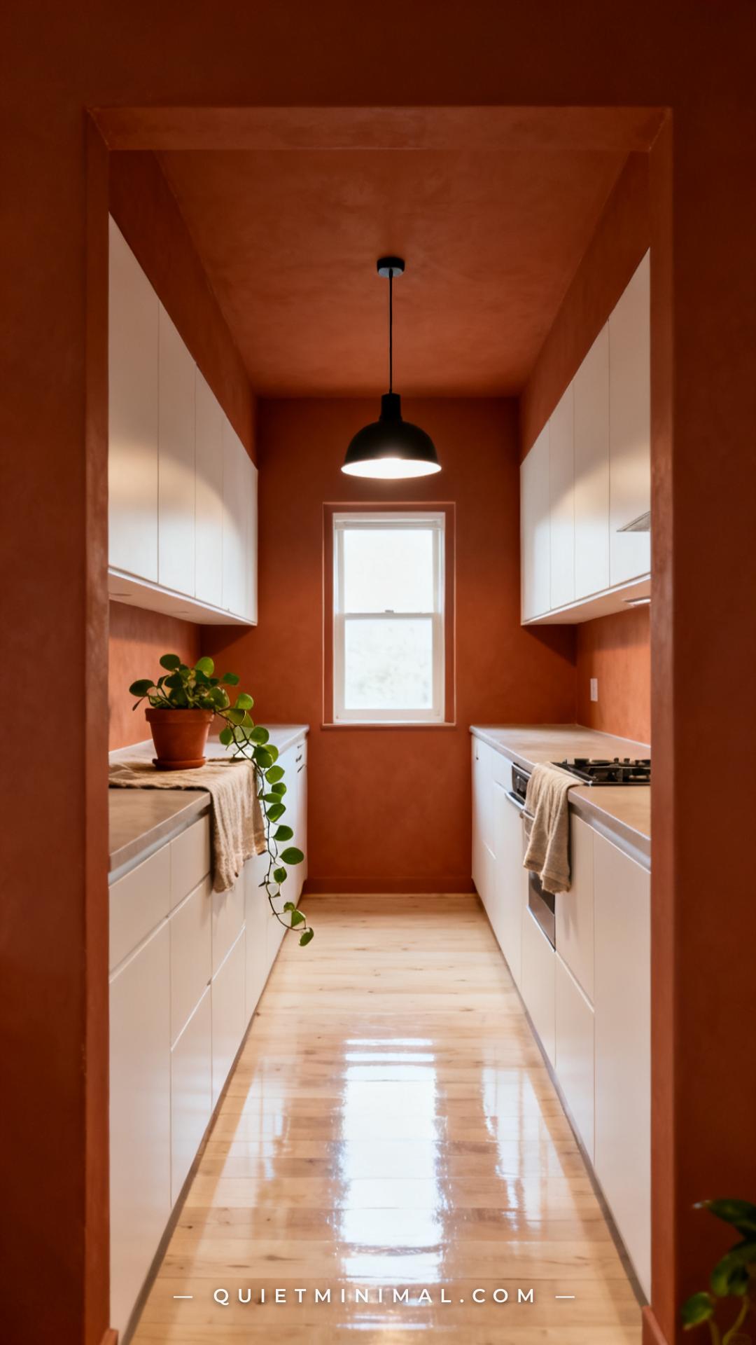 A medium-wide composition showing a compact galley kitchen with terracotta walls on both sides of the narrow corridor