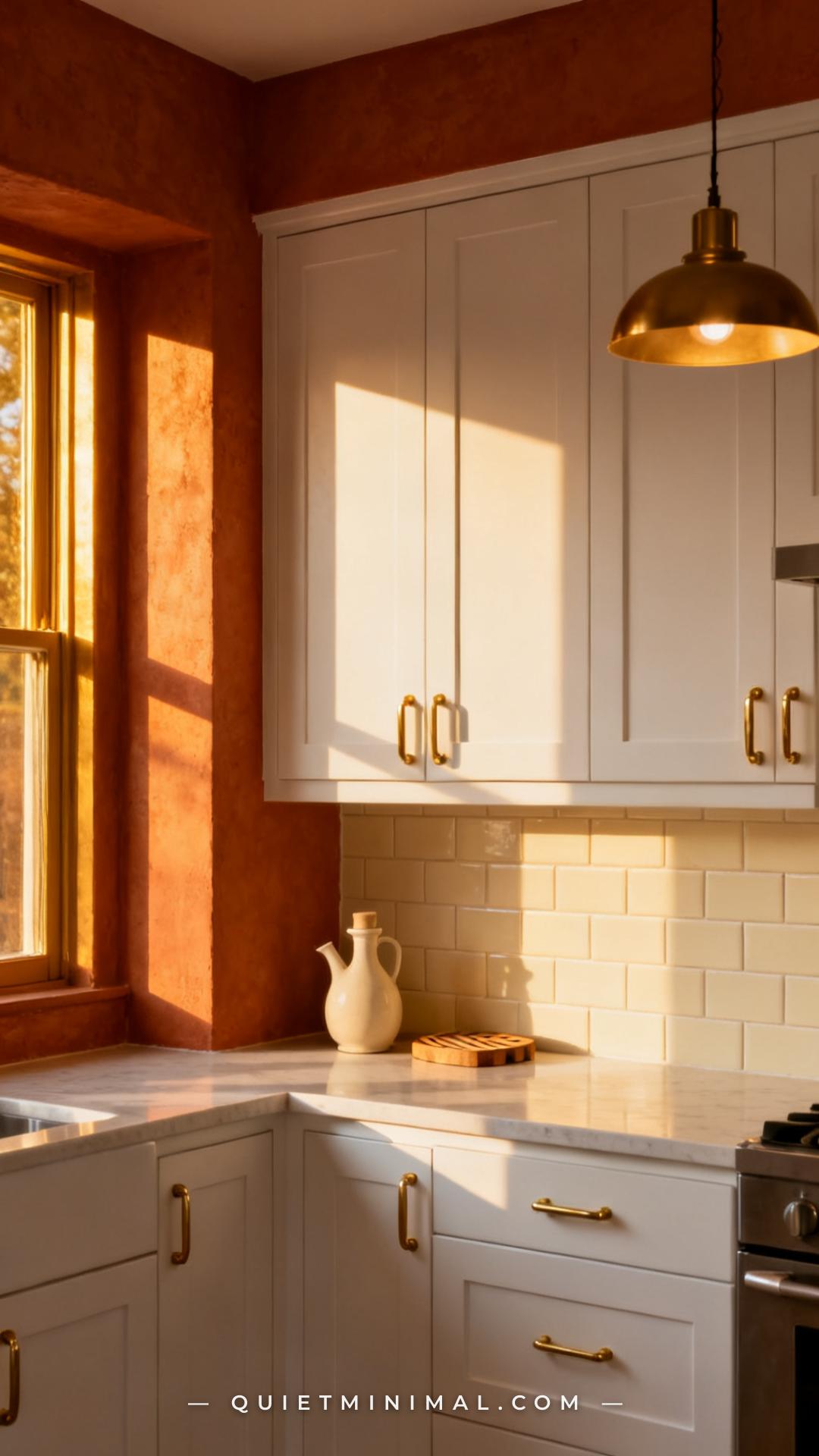 A wide vertical photograph of a white cabinet run in a terracotta-walled kitchen