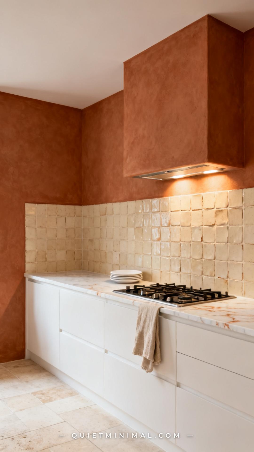 An establishing shot of a kitchen showing the backsplash zone between the white lower cabinets and the terracotta upper