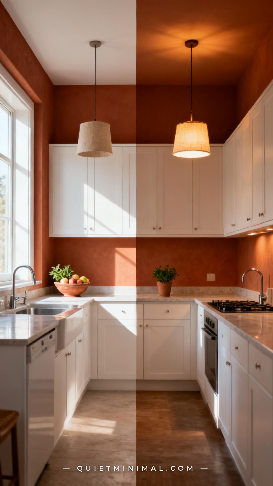 A wide interior photograph of a kitchen shot in two lighting conditions side by side — left half shows the same terracot