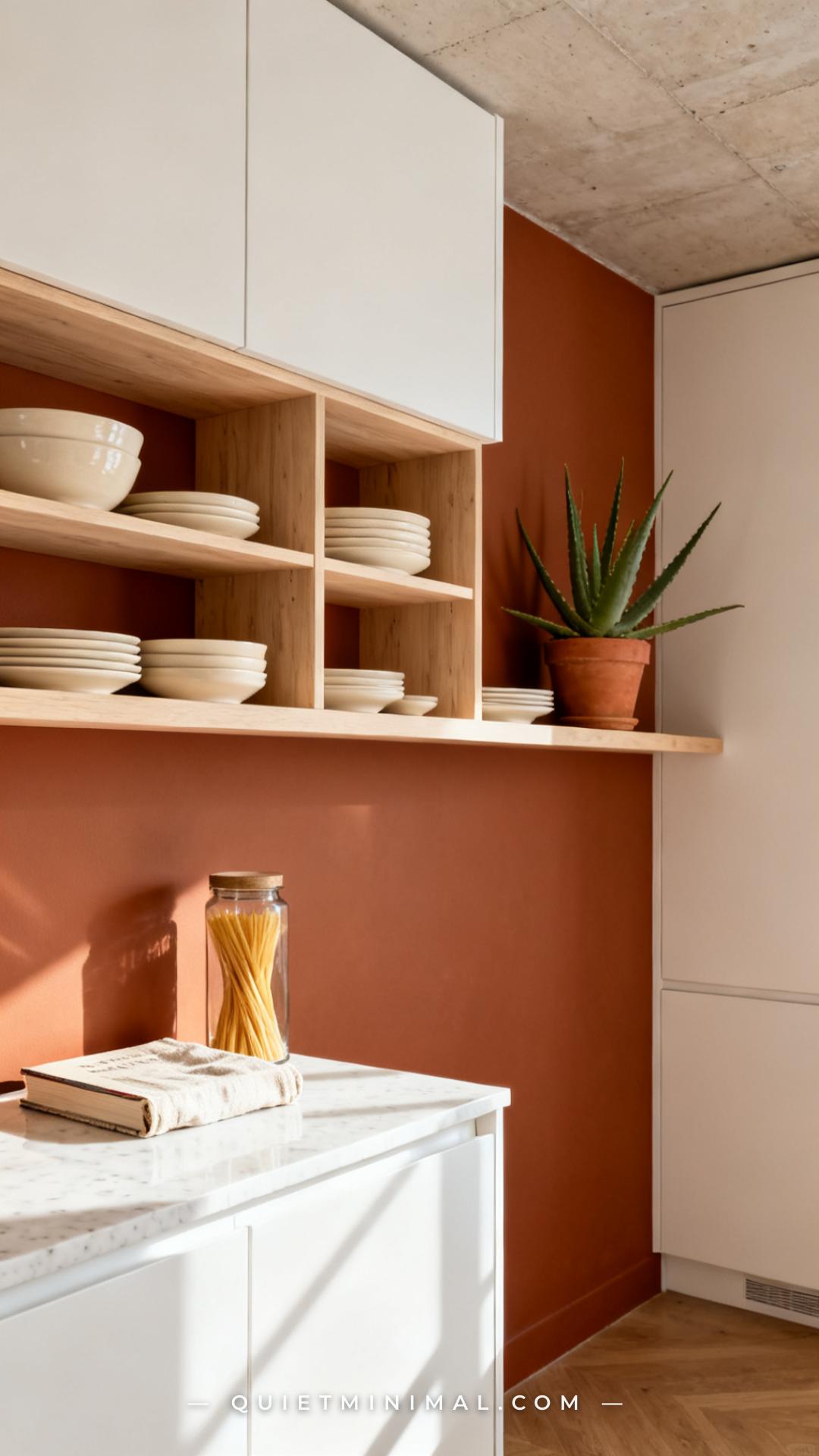 A vertical photograph captures a full section of kitchen wall featuring open wood shelves mounted between upper white ca