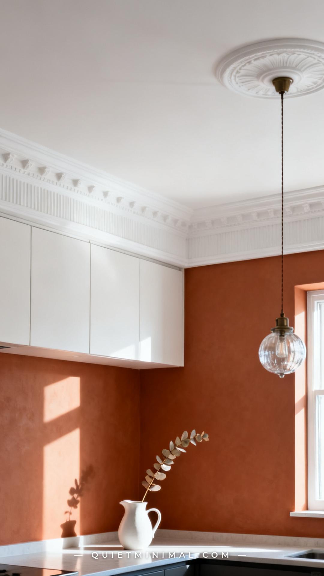 A wide-angle vertical photograph looking up and along a terracotta kitchen wall toward the ceiling transition