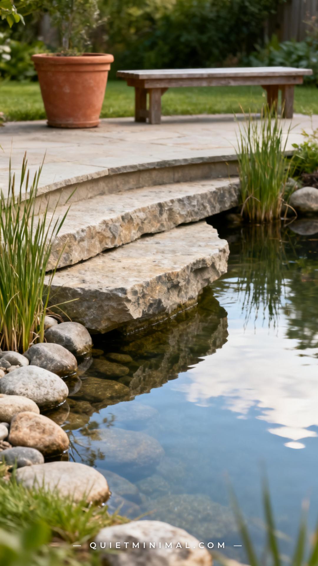 A vertical photograph captures a wide view of a naturalistic backyard pond showing the full perimeter and surrounding ga