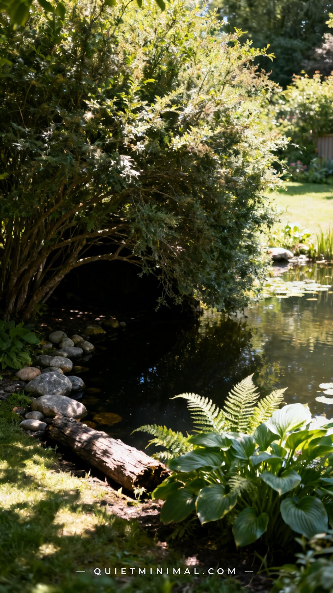 A vertical photograph captures a wide view of a naturalistic backyard pond where one edge is partially shaded by a large