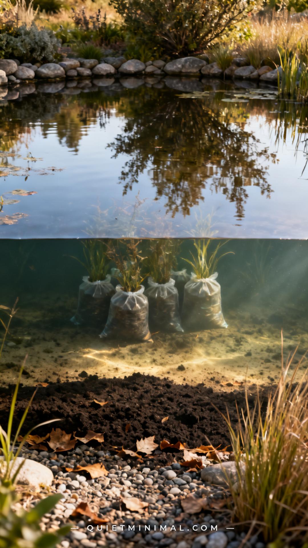 A vertical photograph captures a medium-wide view of a wildlife pond's interior from the bank