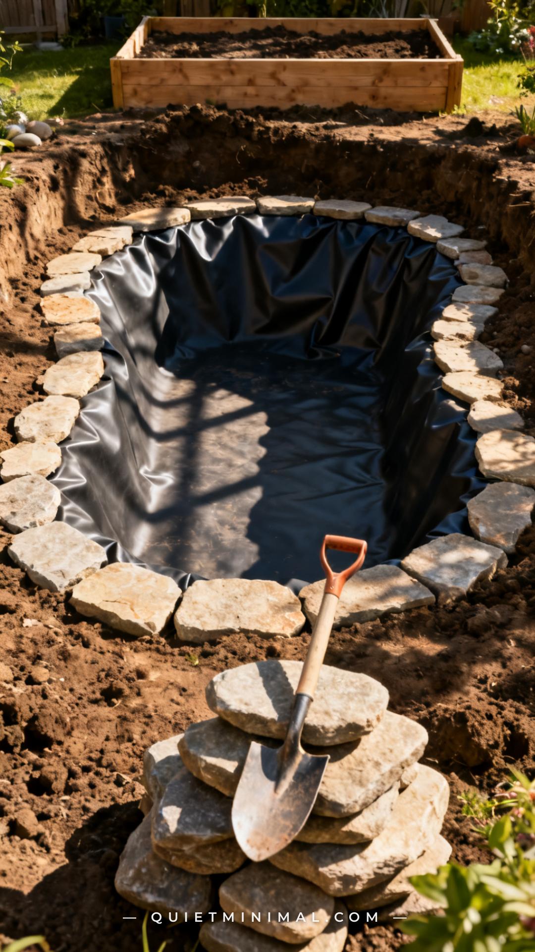 A vertical photograph captures a wide-angle view of a backyard pond installation in progress