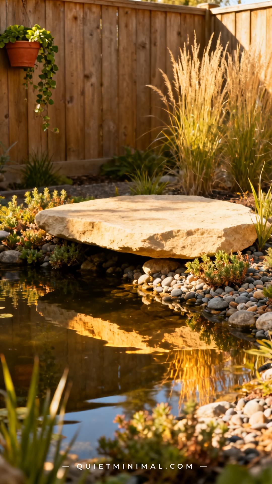 A vertical photograph captures a wide establishing shot of a backyard wildlife pond