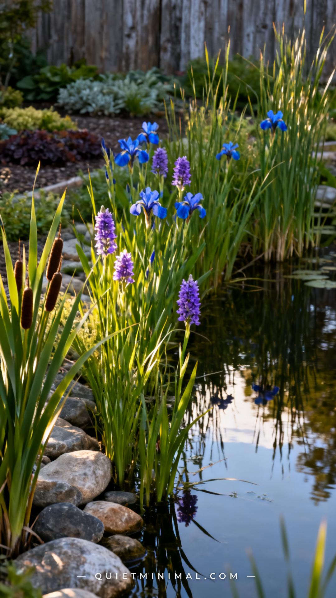 A vertical photograph captures a medium-wide view of a wildlife pond's planted margins