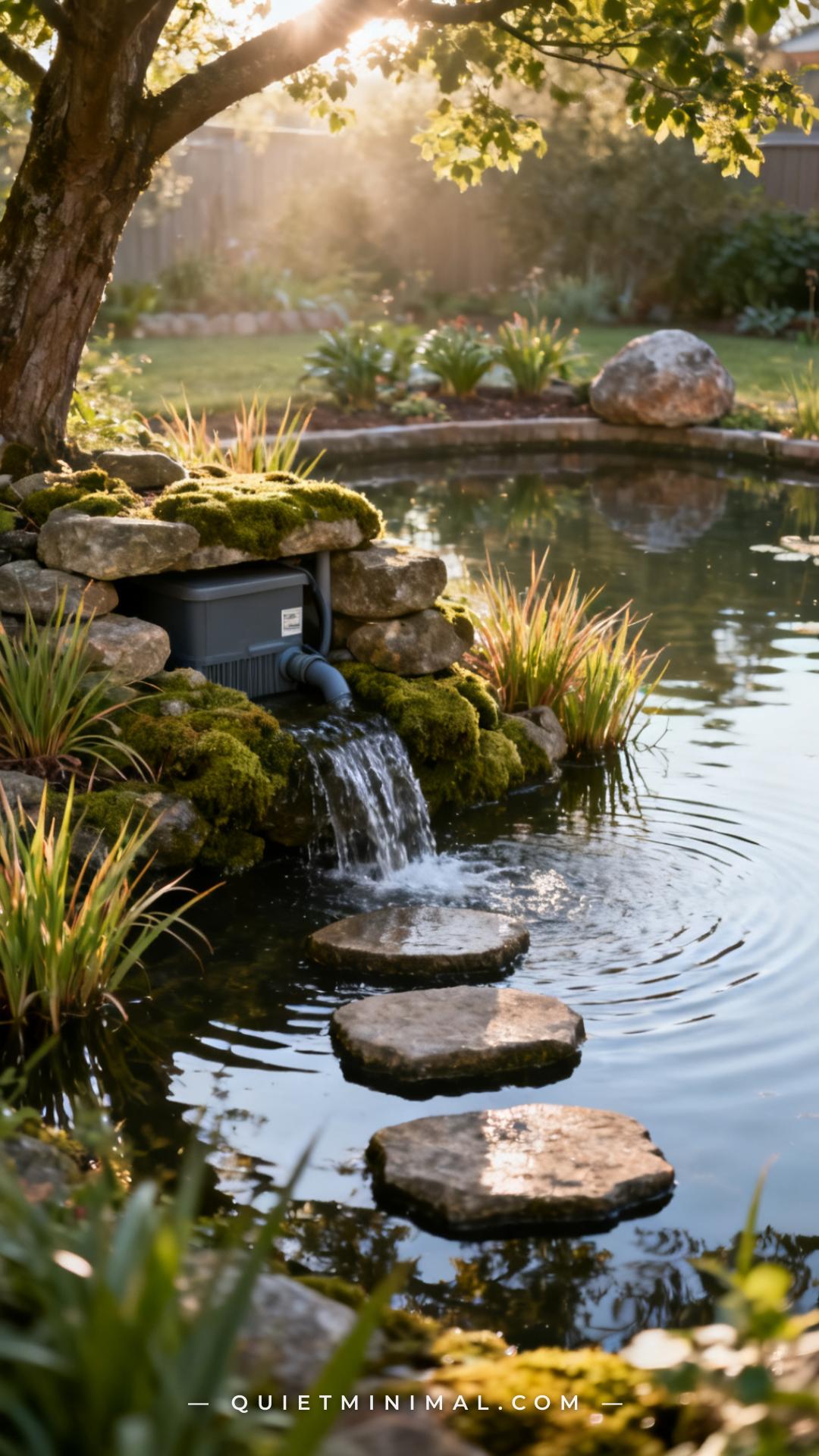 A vertical photograph captures a wide-angle view of a backyard wildlife pond with a small waterfall feature at one end w