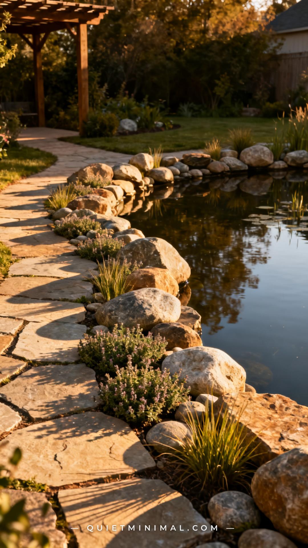 A vertical photograph captures the full perimeter of a backyard wildlife pond edged in a mix of irregular flagstone and