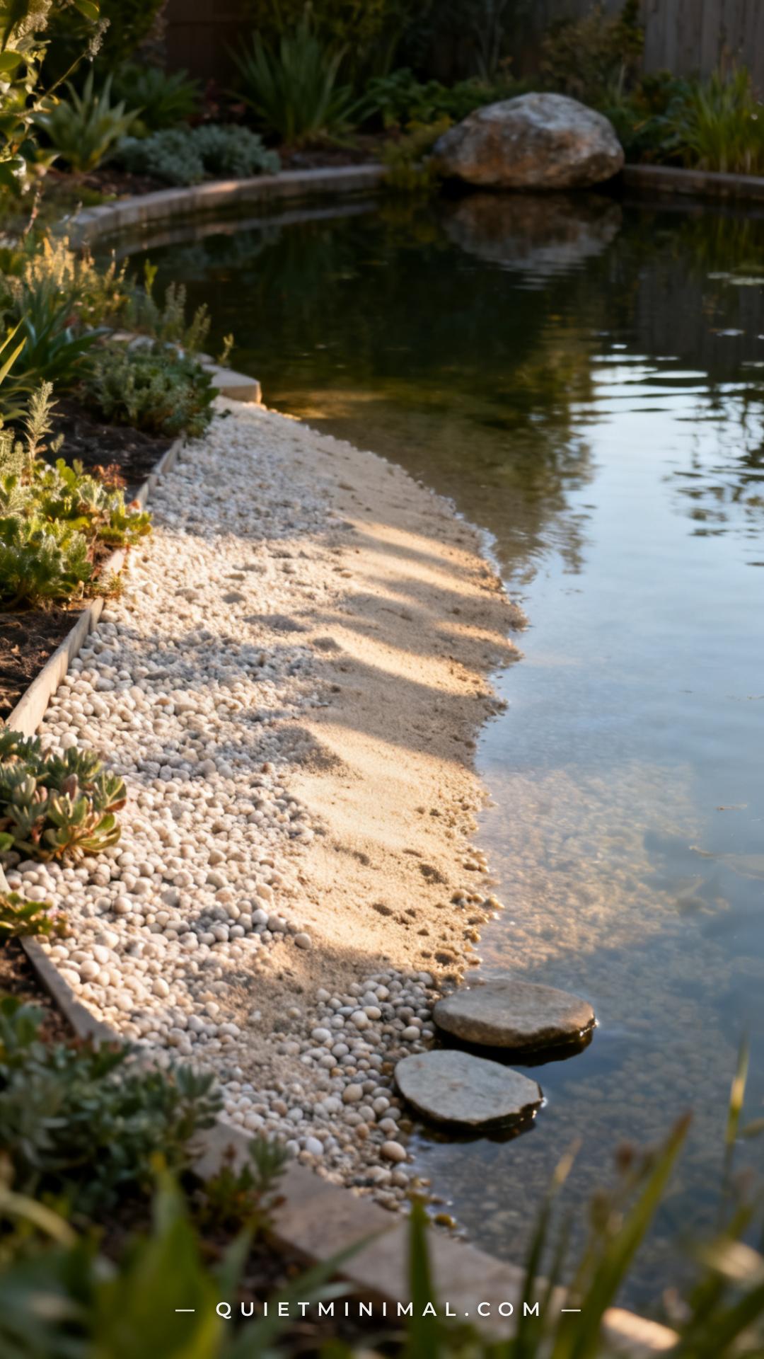 A vertical photograph captures a wide establishing shot of a naturalistic backyard pond with a small sandy-gravel beach
