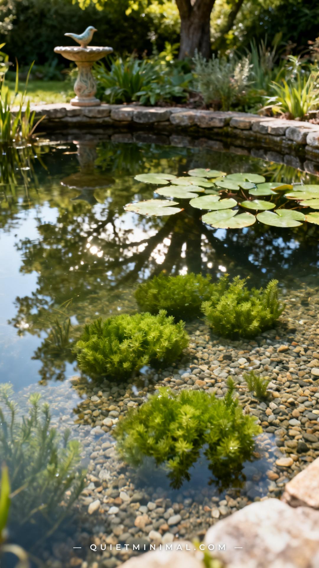 A vertical photograph captures a medium-wide view of a wildlife pond interior