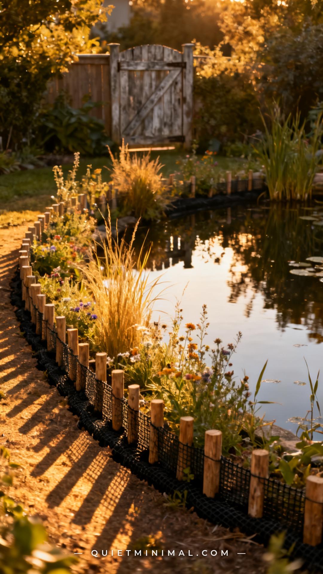 A vertical photograph captures a wide view of a backyard wildlife pond with a low naturalistic fence enclosing the surro