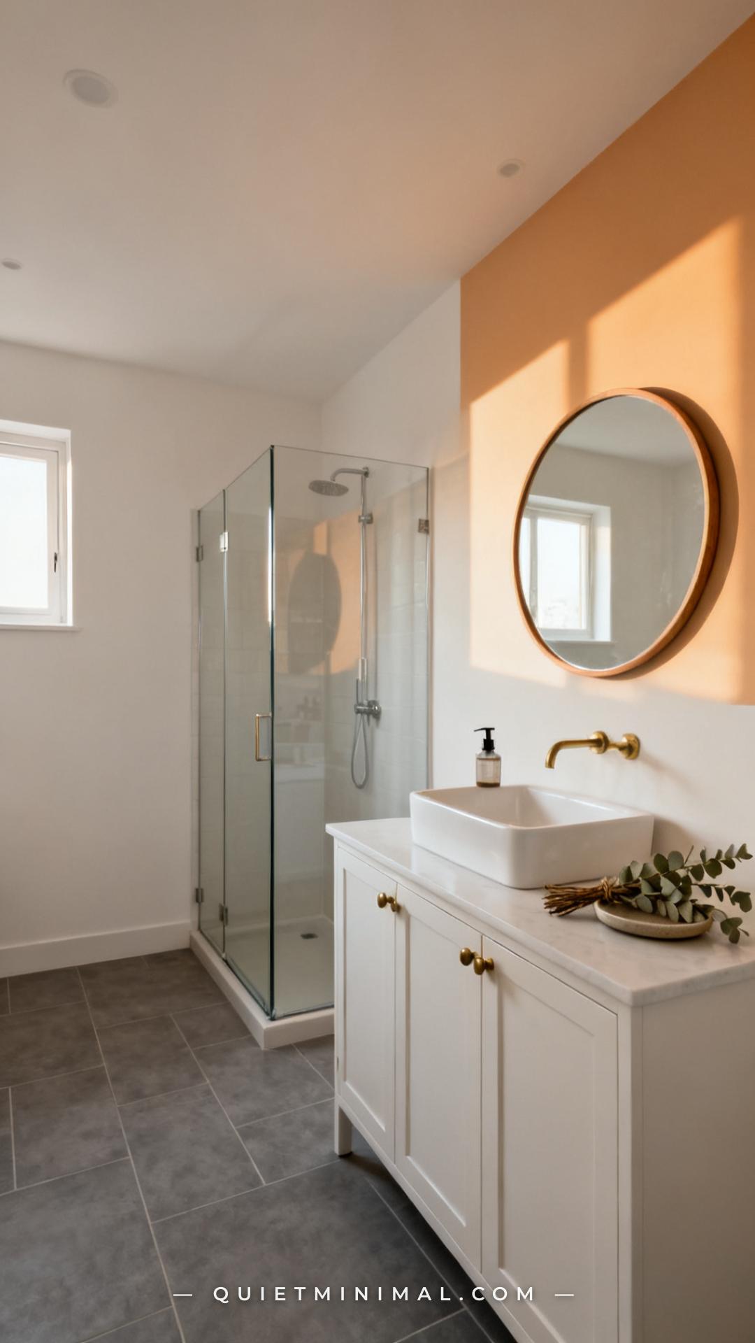 A wide-angle view of a clean bathroom with warm white walls and medium gray tile floors stretching toward a walk-in show