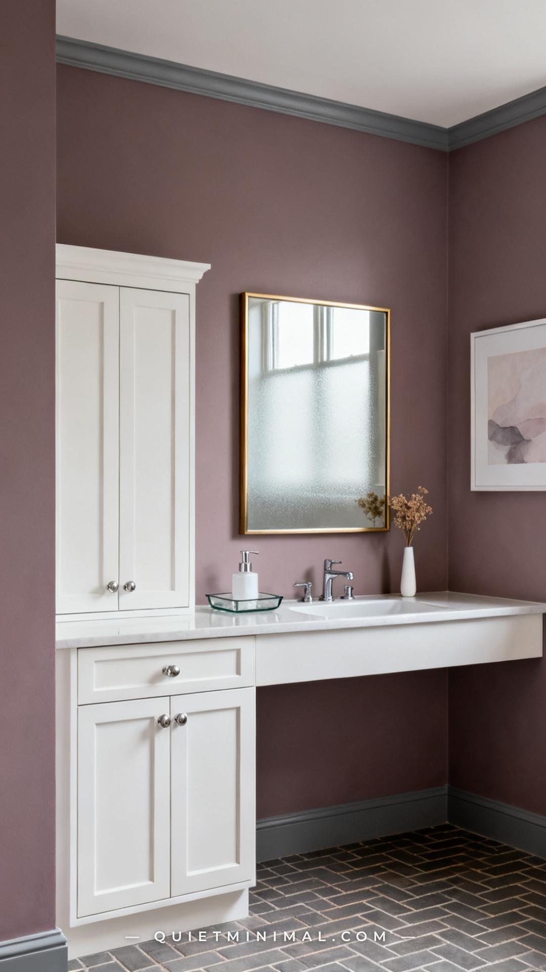 A medium-wide composition showing a serene bathroom with muted dusty mauve walls and warm medium-gray floor tiles in a c