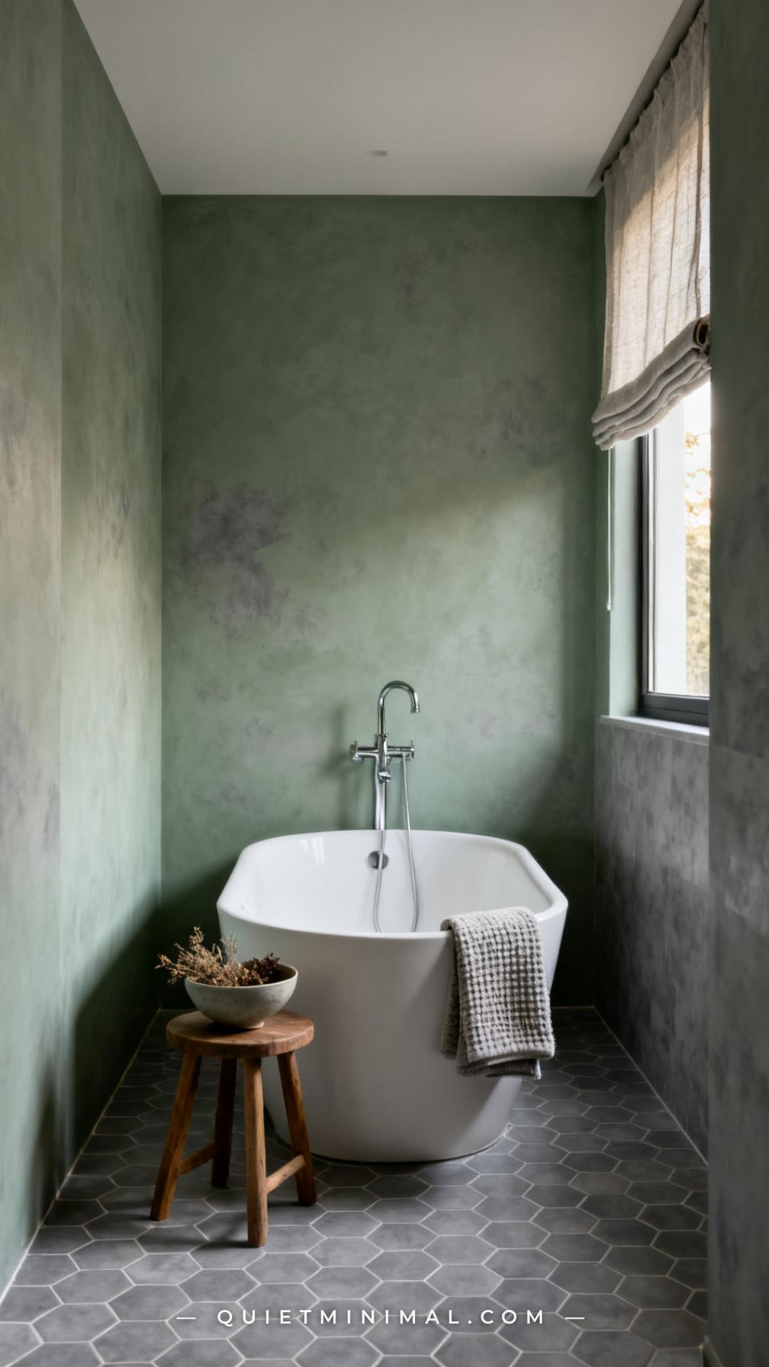 A medium-wide composition showing a bathroom with muted sage green walls and cool gray hexagon tile floors