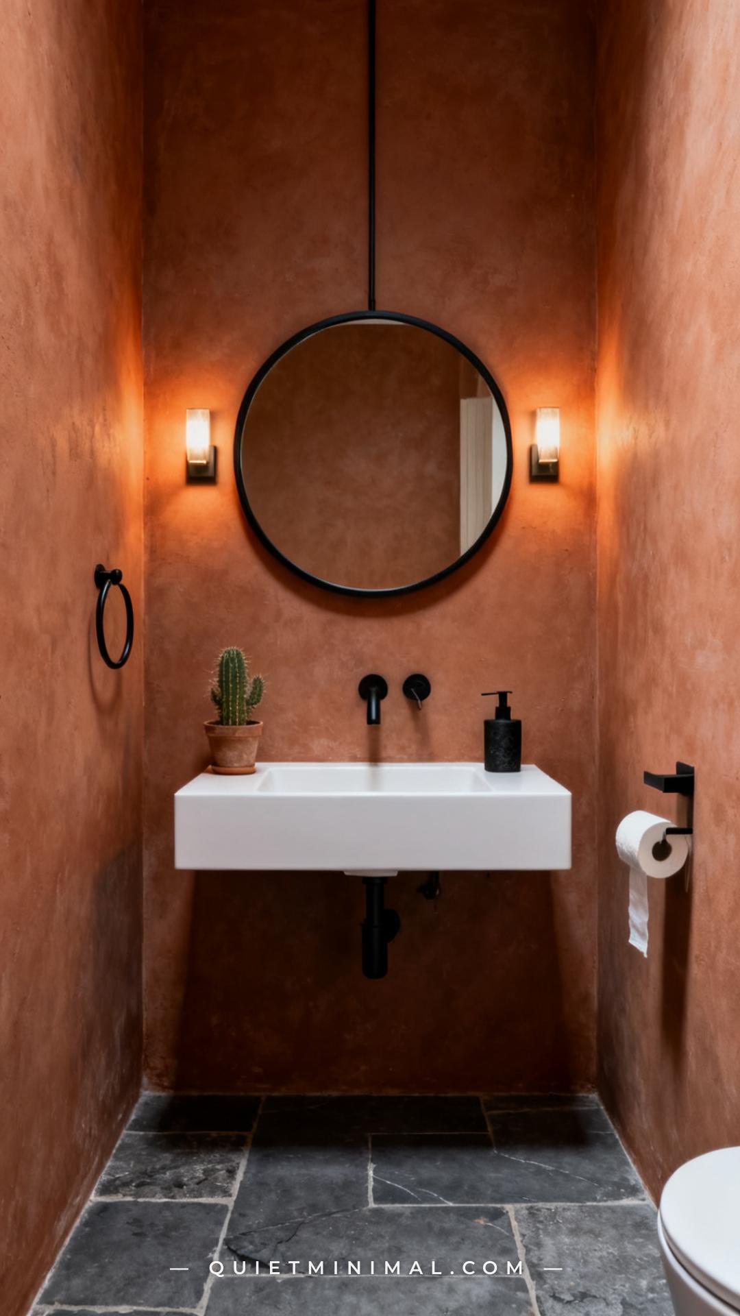 An establishing shot of a small but stylized bathroom with dusty terracotta walls and slate-gray stone floor tiles